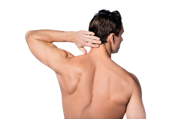 back view of shirtless man with perfect skin holding hand behind neck isolated on white.