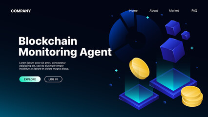Blockchain Monitoring Agent. Isometric Web Banner. Vector illustration