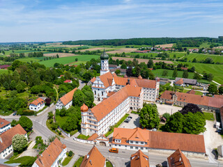 Helicopter view Collegiate Church of the Assumption and Wettenhausen Monastery, Kammeltal, Swabia, Bavaria, Germany