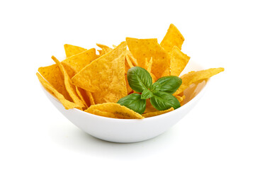 Mexican nachos chips, isolated on white background.