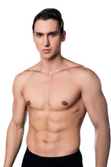 shirtless man with perfect body and skin looking at camera isolated on white.