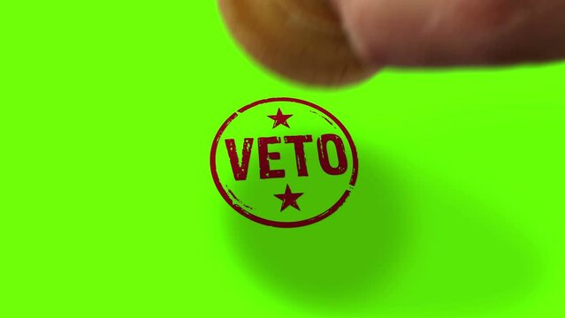 Veto stamp and hand stamping impact isolated animation. Opposition, objection and refuse symbol 3D rendered concept. Alpha matte channel.