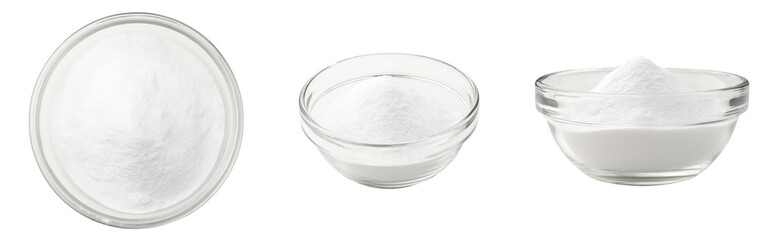 Soda in a glass bowl. Soda, flour, salt or sugar in a glass container. Three different angles of a plate with soda, flour, salt or sugar on a white background. - 507073441