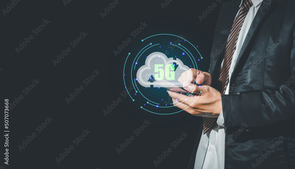 Poster a young businessman is using a phone to connect to a wireless network with a marketing interface on 