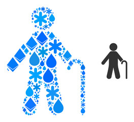 Vector fresh blue water collage old man icon. Old man mosaic is constructed with ice parts, liquid drops, snowflakes. Ice related parts are arranged into abstract mosaic old man icon.