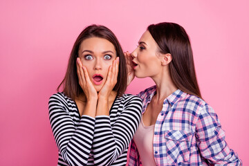 Portrait of two ladies speak share information whisper ear cant believe isolated on pink color background
