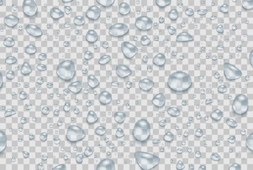 Different realistic transparent water drops, isolated on transparent background. Vector design.