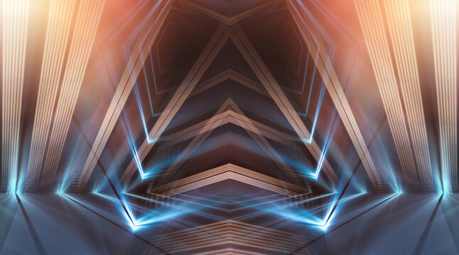 Abstract futuristic neon background. Light lines and rays. Futuristic empty neon digital scene. Illusion, fantasy. 3D illustration.