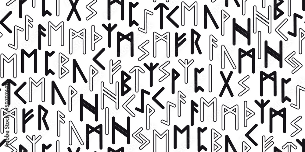 Wall mural runes seamless ethnic pattern. runic alphabet, futhark. ancient norse occult symbols, vikings letter