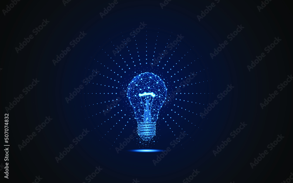 Poster abstract light bulb symbol. creative concept. digital low poly wireframe style design with connectio