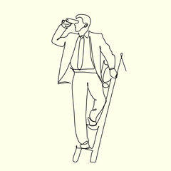 Line art illustration of business man. Work on computer. Calling by phone. Made deals . Social media.