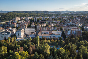 Fototapeta na wymiar Aerial drone photo of Veliko Tarnovo city in Bulgaria