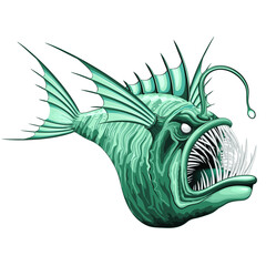 Fish Abyssal Monster Creature met bioluminescent aas op zijn hoofd Vectorillustratie geïsoleerd op wit