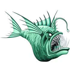 Foto op Plexiglas Draw Fish Abyssal Monster Creature met bioluminescent aas op zijn hoofd Vectorillustratie geïsoleerd op wit