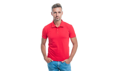 Fototapeta premium mature handsome man with grizzled hair in red shirt isolated on white background