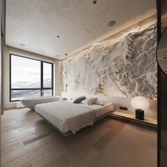 Modern beige bedroom interior with stone wall, tub near window, lamp wooden floor and view to mountains 3d rendering - obrazy, fototapety, plakaty