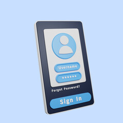 3d illustration of log in security in smartphone 3d render style in tilted view