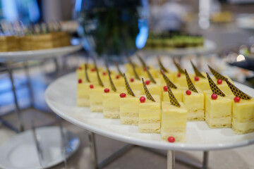 Glass shots pastry, wedding catering food, mini canapes food, tasty dessert, Beautiful decorate catering banquet table,  snacks and appetizers, wedding celebration
