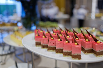 Glass shots pastry, wedding catering food, mini canapes food, tasty dessert, Beautiful decorate catering banquet table,  snacks and appetizers, wedding celebration
