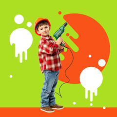 Creative portrait of cute little boy, kid in image of builder, designer in orange protective helmet using work tools isolated on green and orange background