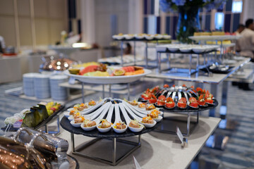 Glass shots pastry, wedding catering food, mini canapes food, tasty dessert, Beautiful decorate catering banquet table,  snacks and appetizers, wedding celebration
