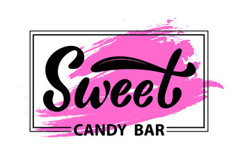 Sweet, candy bar. Vector hand lettering, black  letters in  frame on the pastel innuendo. Logo for sweet business bakery shop ads banner poster card confectionery. Trendy stylish digital illustration.