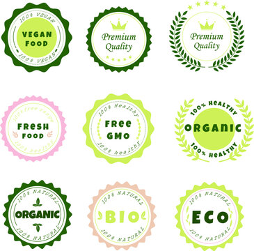 Fresh healthy organic vegan products with logos and tags. Vector hand drawn illustration. Vegetarian eco friendly concept