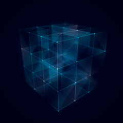 Obraz premium Abstract wireframe cube whith connection dots and lines. Digital blockchain concept and data transfer system. Storage cells of datas. 3d rendering