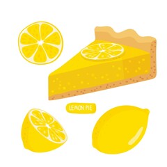 Lemon pie. Cut off pie piece isolated with lemon fruit on white background. Healthy Vegetable eating. Food flat design for menu, cafe, restaurant, farmers market, vegetarian recipe.