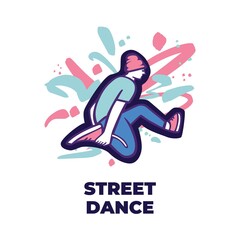 Break dancer performing stunts. B-boy jumping postcard. Street dance move. Bright colourful character on the color splash background. Funky style vector design illustrations.