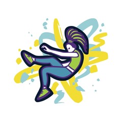 Girl break dancer performing stunts. B-girl jumping. Street dance flip move. Bright colourful character on the color splash background. Funky style vector design illustrations.