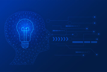 business man thinking idea of half head polygon with light bulb intellgence concepts on blue  background
