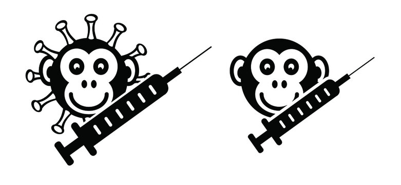Vaccine and syringe injection. Monkeypox or monkey pox viral disease pictogram or logo. Virus outbreak pandemic. Disease spread, symptoms or precautions icon.