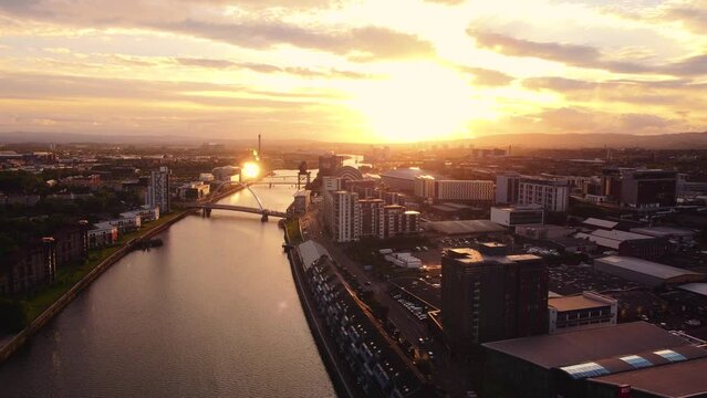 Glasgow sunset aerial drone shot of river clyde and bridges