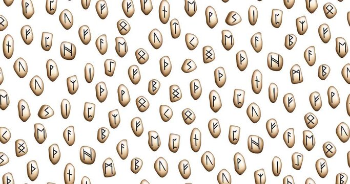 Animation with rune symbols top down movement. Runes looping seamless pattern. Ethnic runic alphabet, Futhark. Ancient norse occult symbols, vikings letters carved in stone. 4K Video motion graphic