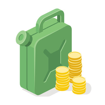 Gasoline canister money coins. Vector 3d line isometric, color web icons, new flat style. Creative design idea for infographics.