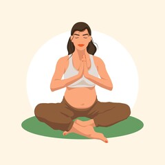 Obraz premium Pregnant Woman meditates in Lotus pose. Pregnancy concept. Flat vector illustration. 