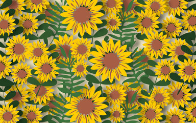 Sunflower field in paper art style. Horizontal floral poster.