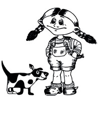 Fototapeta premium A little girl in children's clothes walks with a dog. Coloring book, illustration for children's book. Funny cartoon character. . Girl cartoon illustration. Kid graphic. 