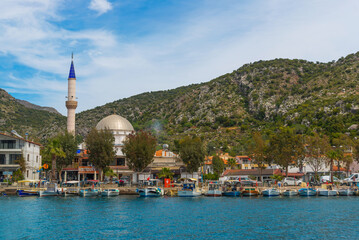 BOZBURUN, MUGLA, TURKEY: View of the mosque and Bozburun village of Mugla province