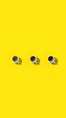 Fototapeta premium three white cups of coffee on yellow background. view from above. Vertical image. 3D image. 3D rendering.