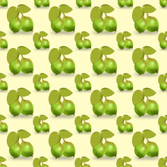 Pears illustration with leaves seamless pattern on yellow background. Colorful stylish illustration for backgrounds, textiles, tapestries.