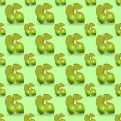 Pears illustration with leaves seamless pattern on green background. Colorful stylish illustration for backgrounds, textiles, tapestries.