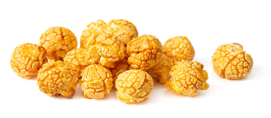Close up of popcorn isolated on white background.