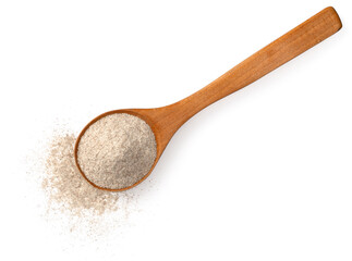 Raw rye flour in the wooden spoon, isolated on white background, top view