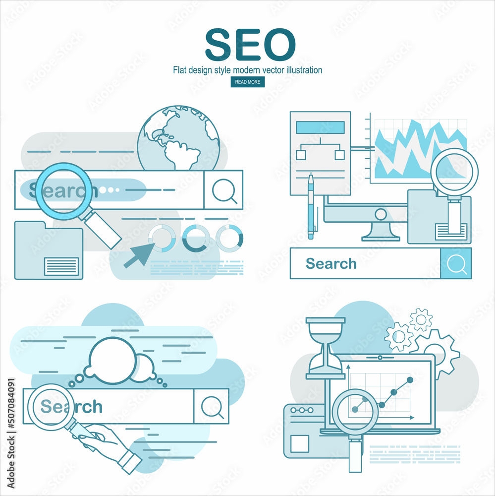 Aufkleber flat design vector illustration icons set of analytics search information and website seo optimizati