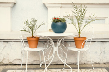 Fototapeta na wymiar Photo of a table with chairs with some plants in pots near a white building. Outdoors shot on day time.