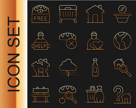 Set Line House With Question Mark, Search House, Global Economic Crisis, Real Estate, Donation Food, Help Homeless, And Volunteer Icon. Vector