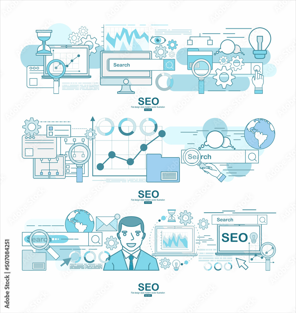 Aufkleber flat design vector illustration icons set of analytics search information and website seo optimizati