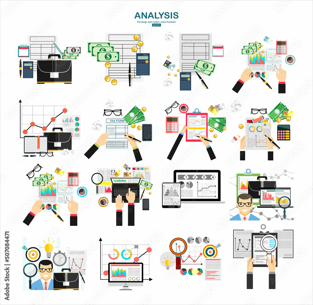Aufkleber analytics information and development website statistic. concepts for web banners, printed and promo